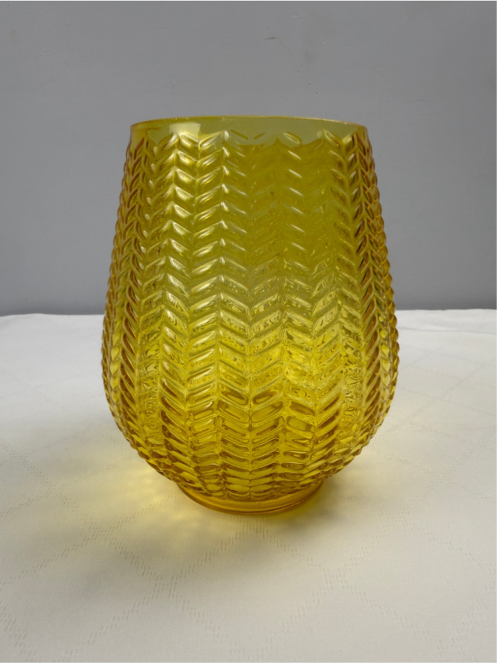 MCM Style Chevron Herringbone Pattern Yellow Glass Candle Holder Vase